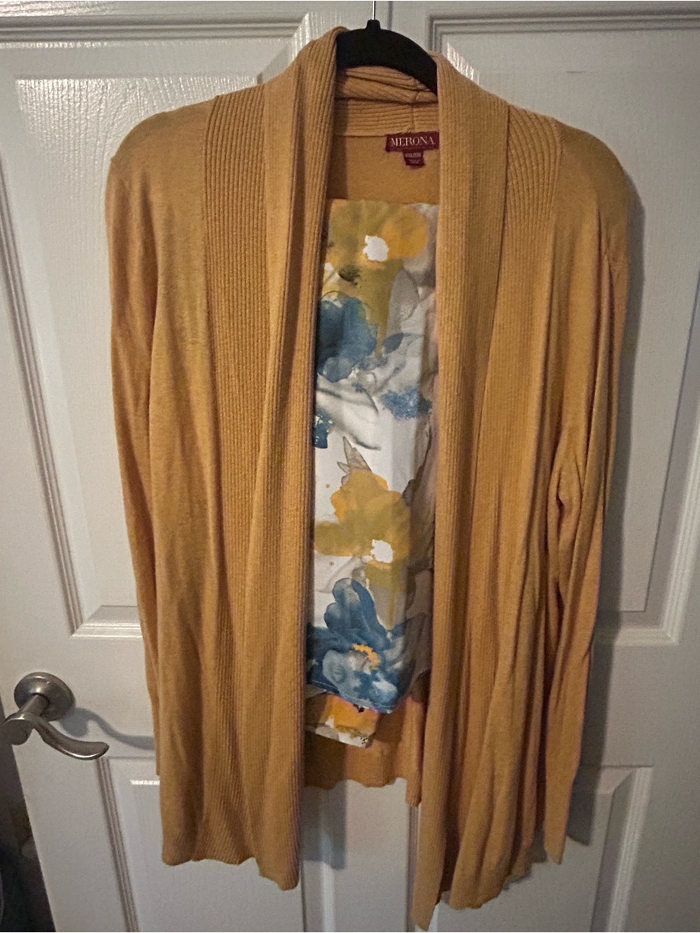 Merona Mustard Yellow Open-Front Cardigan and Floral Wide leg Pants